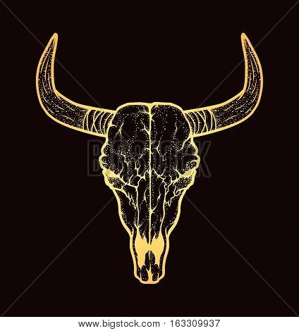 Bull skull native Americans tribal style. Dotted Tattoo blackwork. Vector hand drawn illustration. Boho design