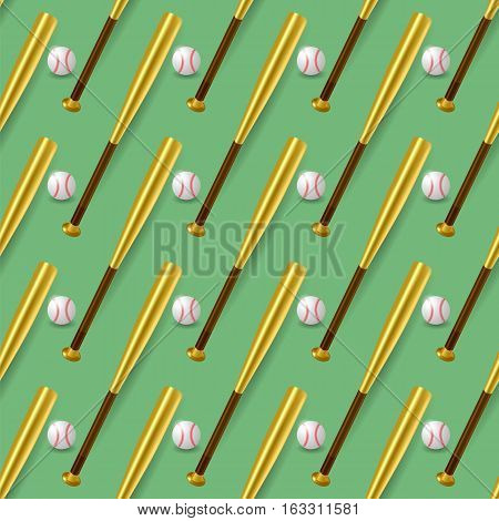 Baseball Sport Inventory Seamless Pattern Isolated on Green Background. Metal Bat and Leather Ball Texture