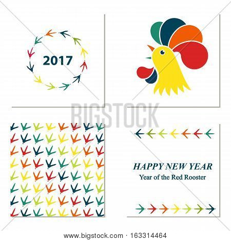 Chinese New Year red rooster. Pattern with chicken paw prints. Greeting card