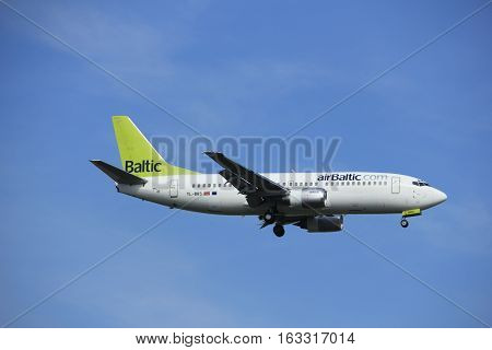 Amsterdam the Netherlands - July 21st 2016: PH-BGO KLM Royal Dutch AirliYL-BBS Air Baltic Boeing 737 approaching Polderbaan runway at Schiphol Amsterdam Airport arriving from Riga Latvia