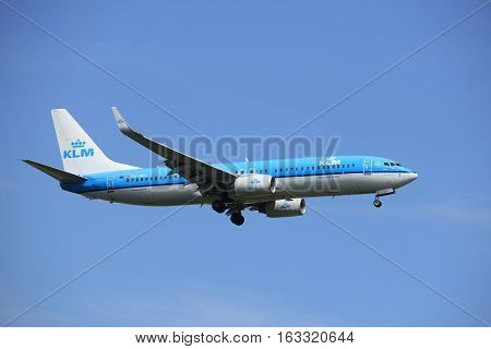 Amsterdam the Netherlands - July 21st 2016: PH-BGC KLM Royal Dutch Airlines Boeing 737 approaching Polderbaan runway at Schiphol Amsterdam Airport arriving from Manchester United Kingdom