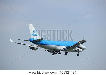 Amsterdam the Netherlands - July 21st 2016: PH-BFD KLM Royal Dutch Airlines Boeing 747-406 approaching Polderbaan runway at Schiphol Amsterdam Airport arriving from Los Angeles United States of America