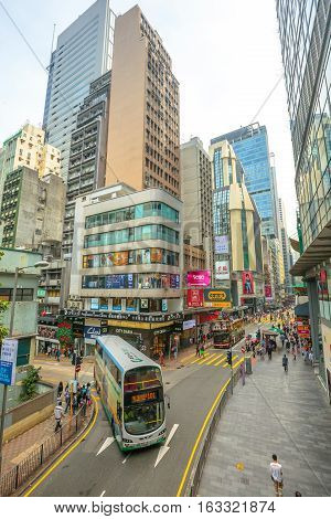 Hong Kong, China - December 4, 2016: aerial view of the busy Central district from the beginning of Central-Mid-levels escalator, the longest outdoor covered escalator system in the world.