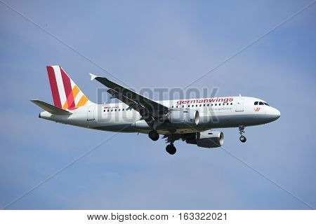 Amsterdam the Netherlands - July 21st 2016: D-AKNO Germanwings Airbus A319 approaching Polderbaan runway at Schiphol Amsterdam Airport arriving from stuttgard Germany