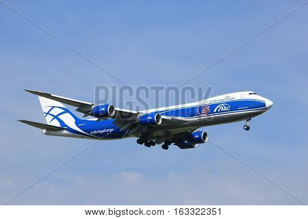 Amsterdam the Netherlands - July 21st 2016:VQ-BGZ AirBridgeCargo Boeing 747 approaching Polderbaan runway at Schiphol Amsterdam Airport arriving from Moscow Russia