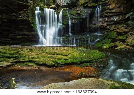 BLACKWATER FALLS STATE PARK, WV/USA - JUNE 30, 2016: A long exposure of Elakala Falls as seen on June 30 in Blackwater Falls State Park. Elakala Falls are known for their swirling pools of water.