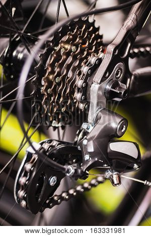 Close view of a bicycle rear cassette and gearshift