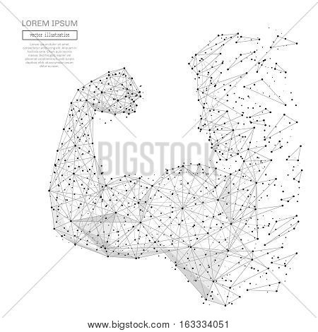 Grey mans hand with polygon line on black abstract background. Polygonal space low poly biceps with connecting dots and lines. Connection structure. Vector science background.