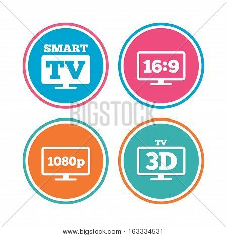 Smart TV mode icon. Aspect ratio 16:9 widescreen symbol. Full hd 1080p resolution. 3D Television sign. Colored circle buttons. Vector