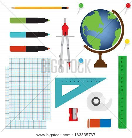 Vector illustration of Back to School supplies. School supplies learning equipment and different school supplies colorful office accessories. School supplies equipment and back to school icons.