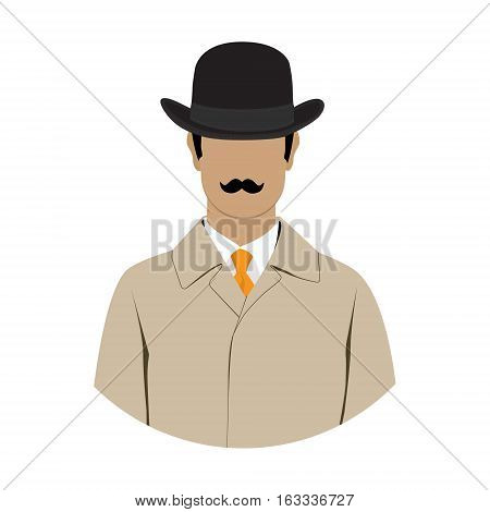 Vector illustration detective spy avatar icon. Detective character. Investigator in hat overcoat.