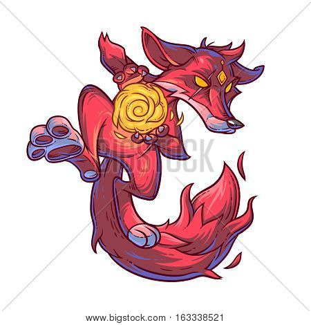 Vector illustration of a cartoon monster fire fox. Print for T-shirts