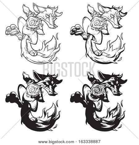 Set vector illustration of a cartoon monster fire fox. Print for T-shirts