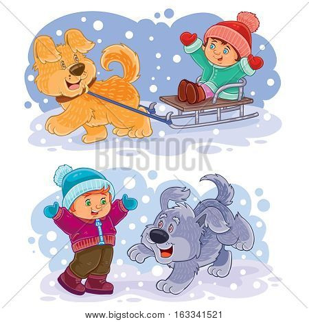 Set of winter vector clip art illustration small children play outside with their dogs