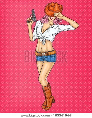 Vector pop art pin up illustration of a rodeo girl in cowboy hat and gun in her hand