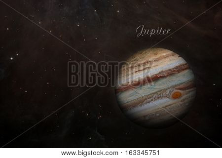 Solar System - Jupiter. It is the fifth planet from the Sun and the largest in the Solar System. Its a giant planet with a mass one-thousandth that of the Sun. Elements of this image furnished by NASA