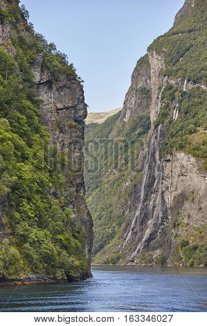 Norwegian fjord landscape. Hellesylt Geiranger route. Tourism Norway