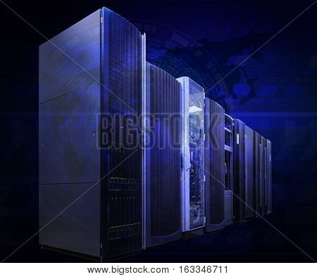 futuristic tech scheme on background mainframe of server room
