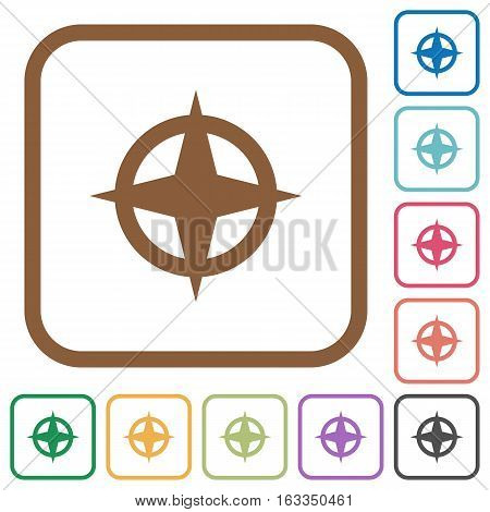 Map directions simple icons in color rounded square frames on white background