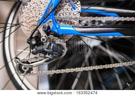 Close view of a bicycle rear cassette and gearshift