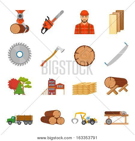 Sawmill timber flat isolated icons set with professional equipment tools and goods images on blank background vector illustration