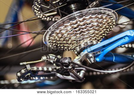 Close view of a bicycle rear cassette and gearshift