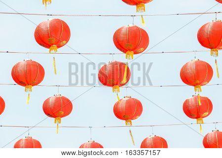 Many Chinese red paper lantern or lamp decoration as ceiling for Chinese New Year Festival.