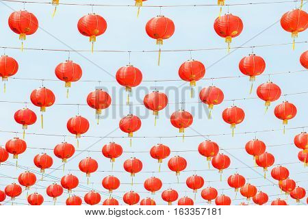 Many Chinese red paper lantern or lamp decoration as ceiling for Chinese New Year Festival.