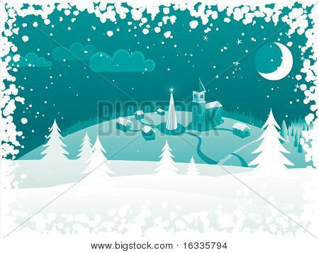 Vector fondo verde. Noche de Navidad paisaje con árboles, iglesias, ciudad, Luna y nieve fr