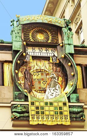 Ankeruhr (Anker clock) famous astronomical clock in Vienna (Austria) built by Franz von Matsch
