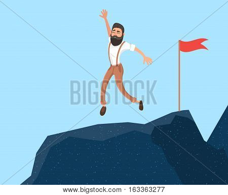 Businessman in mountains. Leader on the top. Vector illustration in flat cartoon style. Conception of success