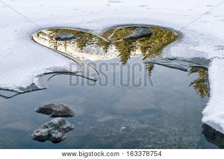 Reflection on frozen lake - hearrt shape on tarn Vrbicke pleso Slovakia