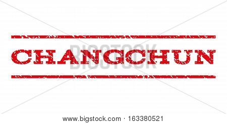 Changchun watermark stamp. Text tag between horizontal parallel lines with grunge design style. Rubber seal stamp with unclean texture. Vector intensive red color ink imprint on a white background.