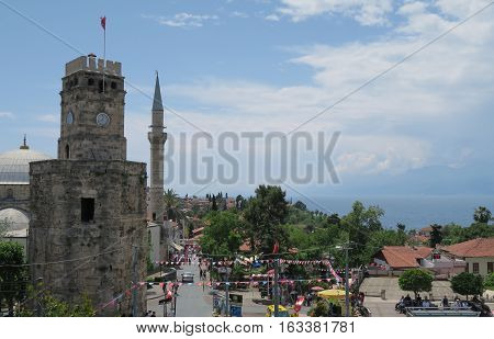 On of Antalyas Landmarks: The Clock Tower Saat Kulesi between the Basar and Harbour