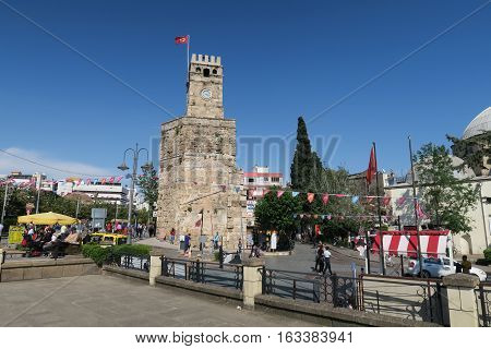 On of Antalyas Landmarks: The Clock Tower Saat Kulesi between the Basar and Harbour