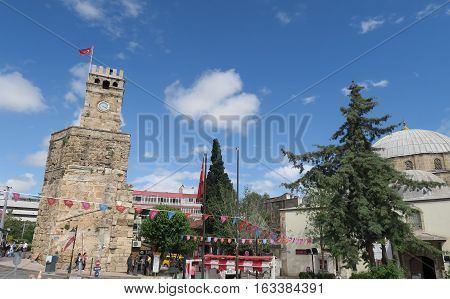 On of Antalyas Landmarks: The Clock Tower Saat Kulesi between the Basar and Harbour