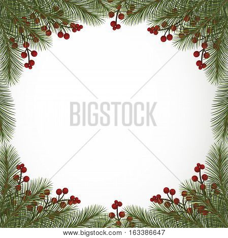 Winter background with fir branches and berries border