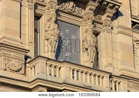 Zurich, Switzerland - 27 December, 2016: part of the facade of the Credit Suisse headquarter building on Paradeplatz square. The building was designed by architect Jakob Friedrich Wanner, built in 1872-1877.