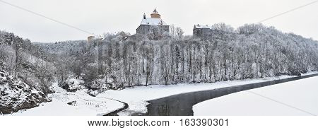 Winter landscape with a beautiful Gothic castle Veveri. Brno city - Czech Republic - Central Europe.