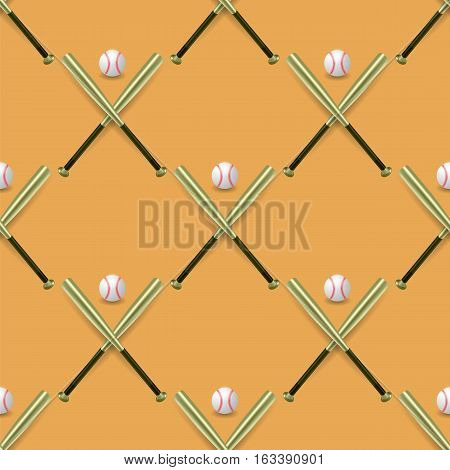 Baseball Sport Inventory Seamless Pattern Isolated on Orange Background. Metal Bat and Leather Ball Texture