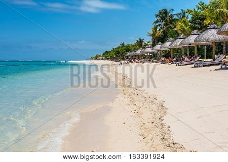 Le Morne Mauritius - December 7 2015: Beach at Le Morne Brabant one of the finest beaches in Mauritius and the site of many hotels and tourism facilities.