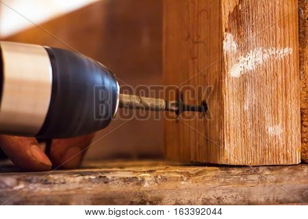 Man Screwing a screw into the wood element by means of the electrical screwdriver 4