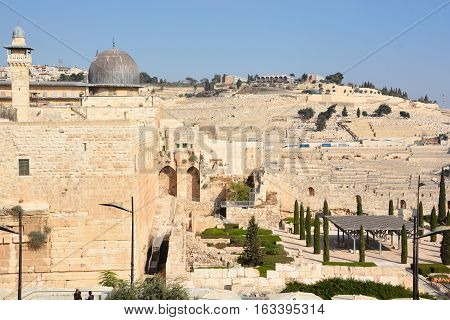 JERUSALEM ISRAEL 26 10 16: Jerusalem wall and Al-Aqsa Mosque, also known as Al-Aqsa and Bayt al-Muqaddas, is the third holiest site in Sunni Islam and is located in the Old City of Jerusalem.