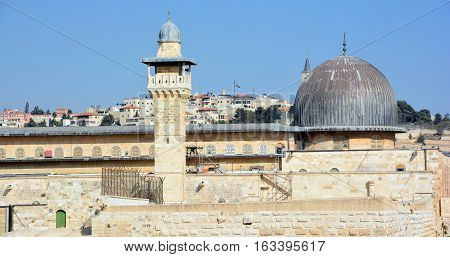 JERUSALEM ISRAEL 26 10 16: Jerusalem wall and Al-Aqsa Mosque, also known as Al-Aqsa and Bayt al-Muqaddas, is the third holiest site in Sunni Islam and is located in the Old City of Jerusalem.