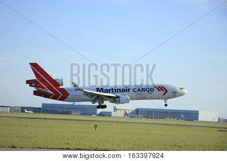 Amsterdam The Netherlands april 11 2015: PH-MCY Martinair Holland McDonnell Douglas MD-11F approaching runway 09-27 Buitenveldert