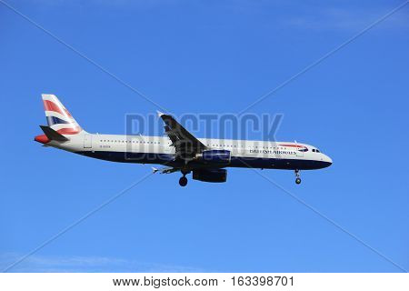 Amsterdam the Netherlands - July 15th 2016:G-EUXK British Airways Airbus A321 approaching Polderbaan runway at Schiphol Amsterdam Airport arriving from London United Kingdom