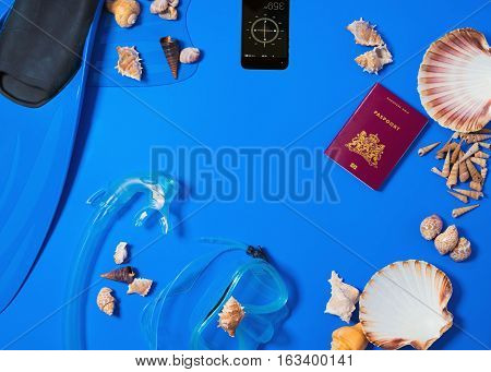Preparation for a travel, diving, flip, flops,  happy, holiday, icons,  island, mask,message, 				 		ocean, paradise, passport, relaxation