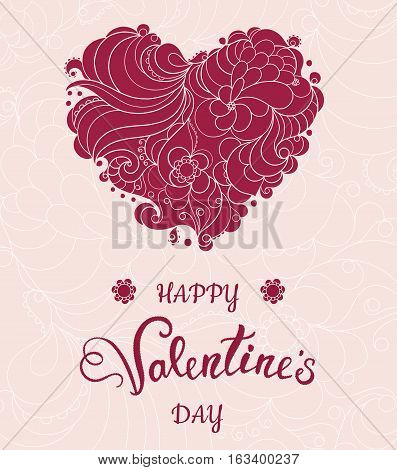 Valentine greeting card with red heart on floral background. Vector illustration EPS10.