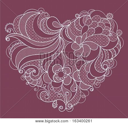 White embroidered lace heart with floral swirls. Vector illustration EPS10.