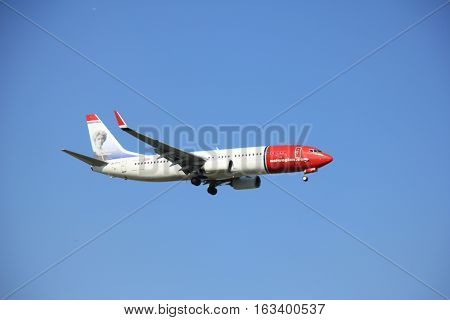 Amsterdam the Netherlands - May 6th 2016: LN-DYV Norwegian Air Shuttle Boeing 737 approaching Schiphol Polderbaan runway arriving from Copenhagen Danmark